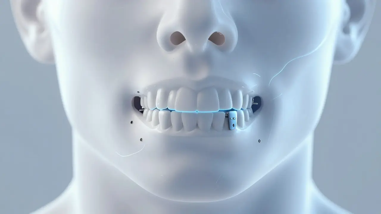 3D anatomický model brady s titanovými fixačními šrouby.