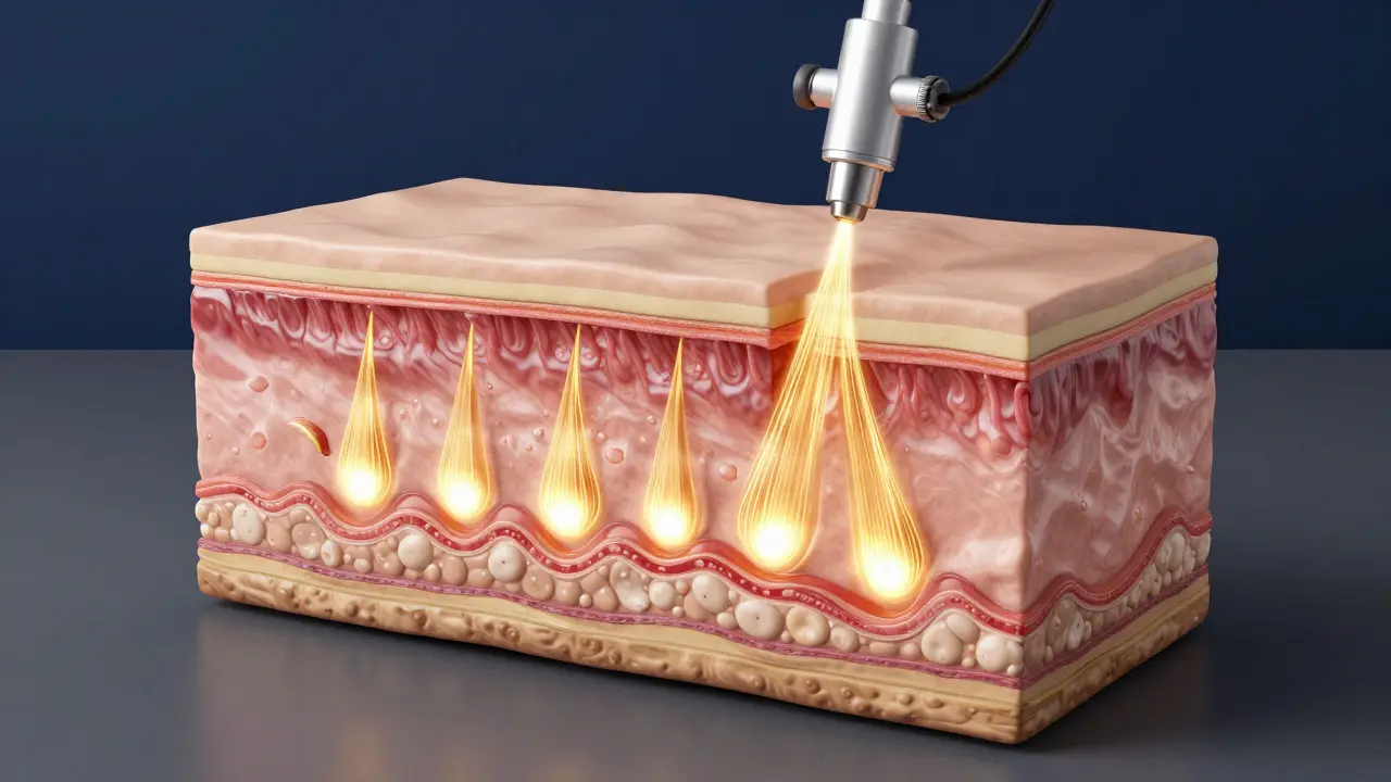 3D ilustrace technologie HIFU stimulující kolagen v hlubokých vrstvách kůže.