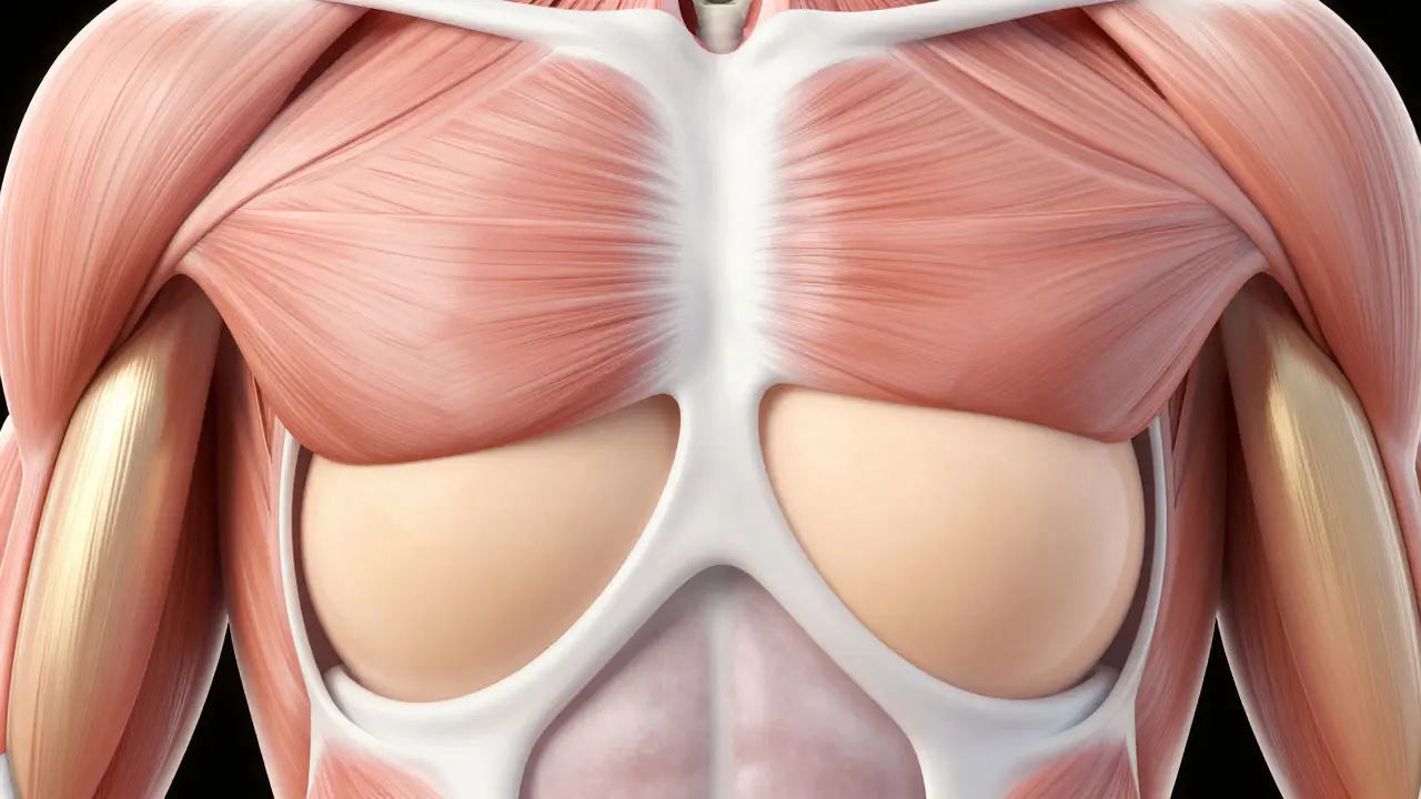 3D schéma umístění implantátu pod svalem a pod žlázou.