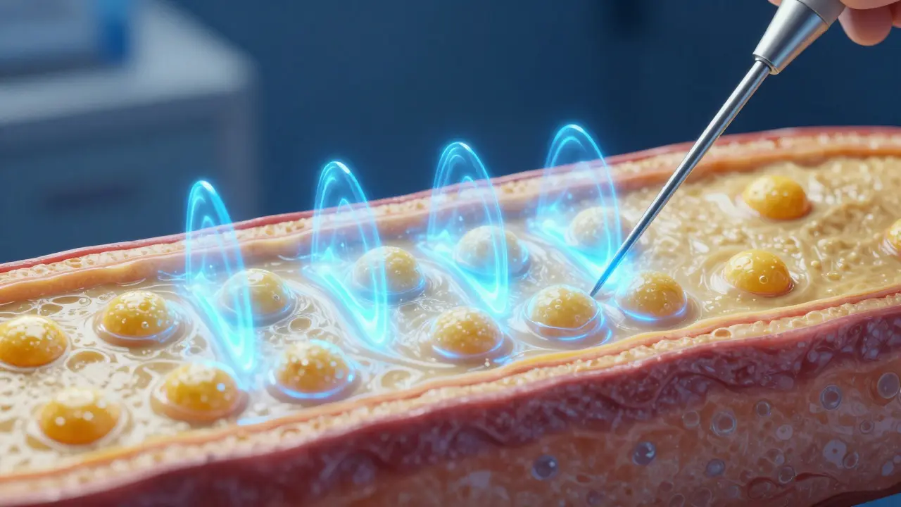3D vizualizace procesu ultrazvukové liposukce v tukové tkáni.
