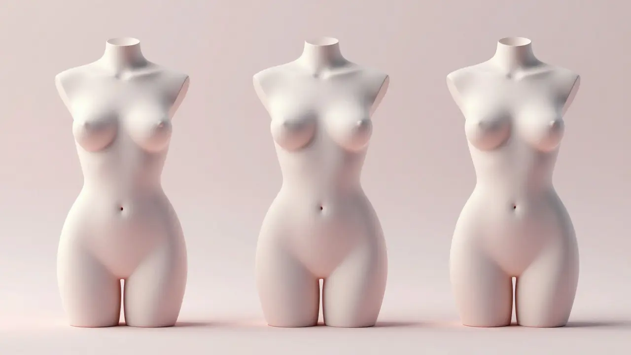 Abstraktní 3D modely znázorňující různé typy úprav prsů.