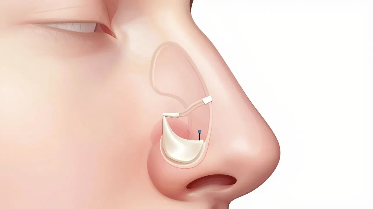 Anatomická ilustrace struktury nosu s detailem chrupavkových štupů pro modelování hrotu.