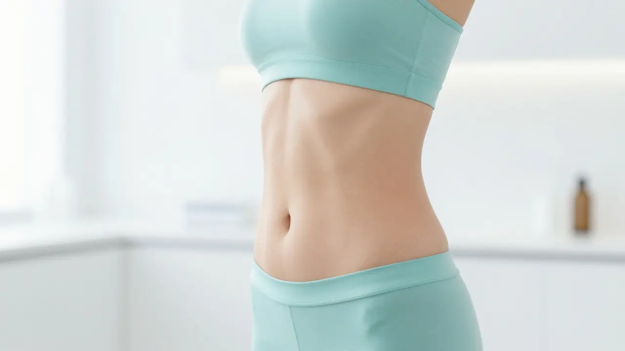 Boční silueta plochého a zpevněného břicha po abdominoplastice.