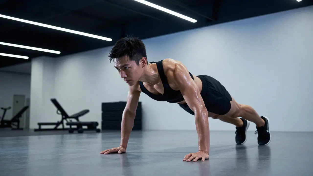 Člověk při intenzivním HIIT tréninku v moderní posilovně.