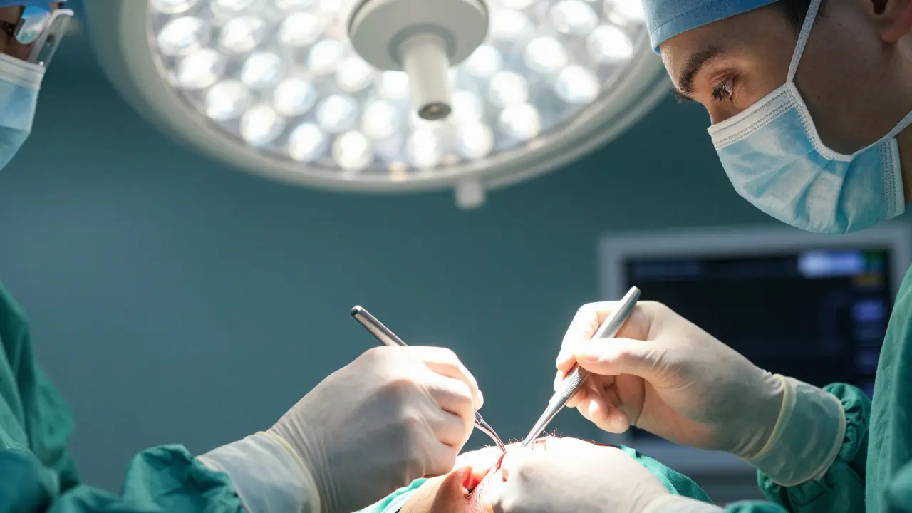 Detail chirurgického zákruku tažení tváře v sterilním prostředí.