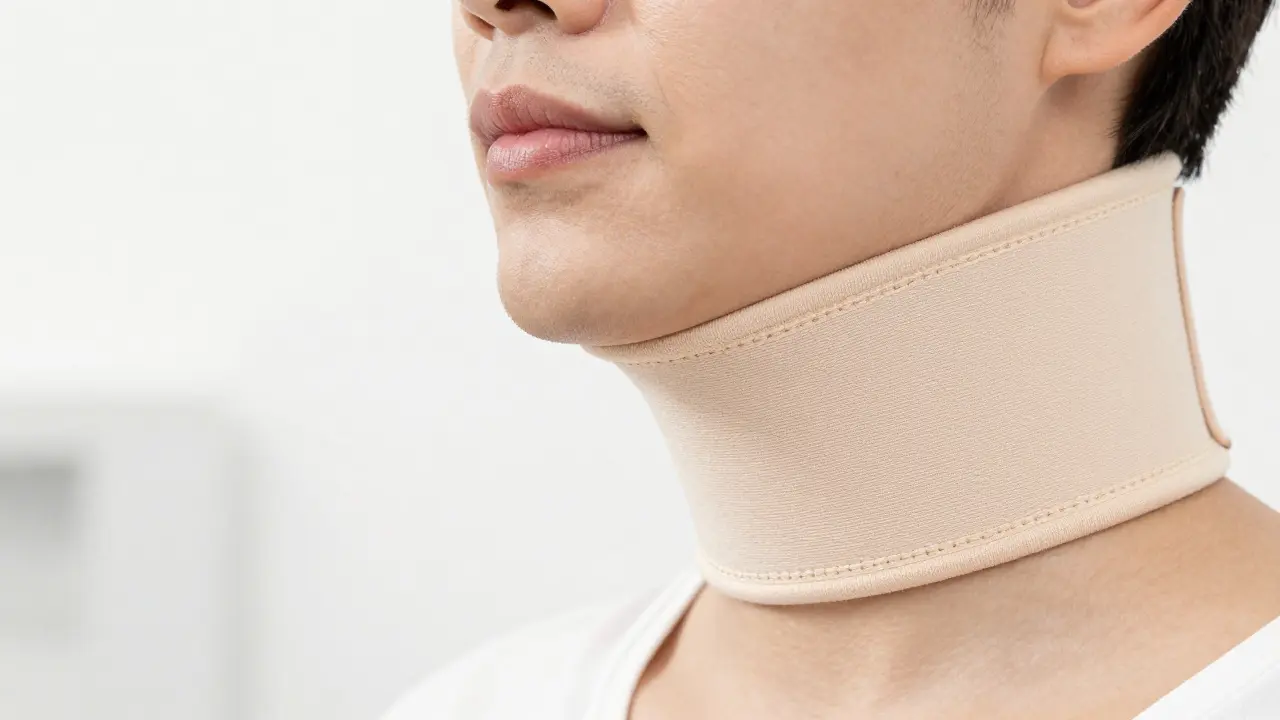 Detail kompresního prátku upevněného kolem brady a krku pro podporu hojení.