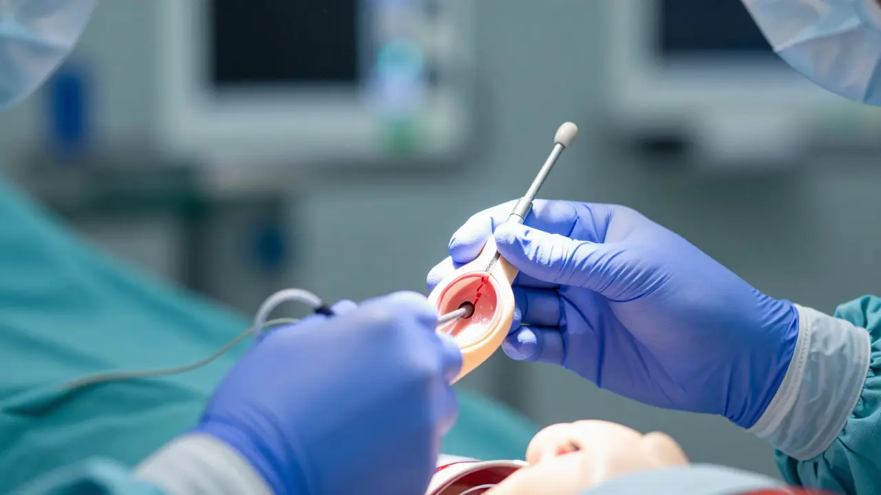 Detail rukou chirurga v rukavicích pracujících s anatomickým modelem prsu.