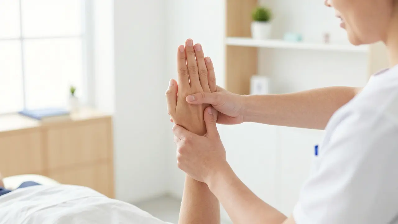 Fyzioterapeut pomáhá pacientovi s jemným cvičením ruky během rehabilitace.