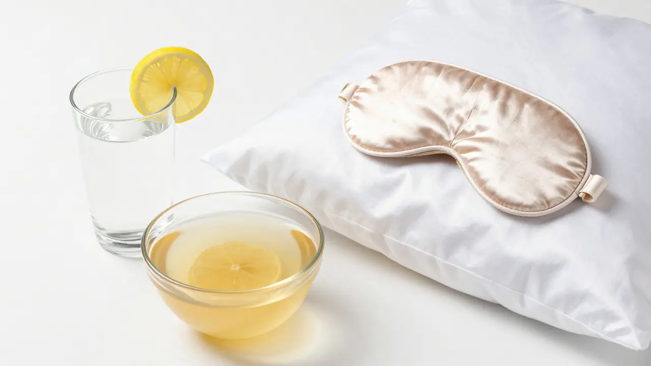 Kolaž zdravého životního stylu: sklenice vody, vývar a hedvábná spánková maska.