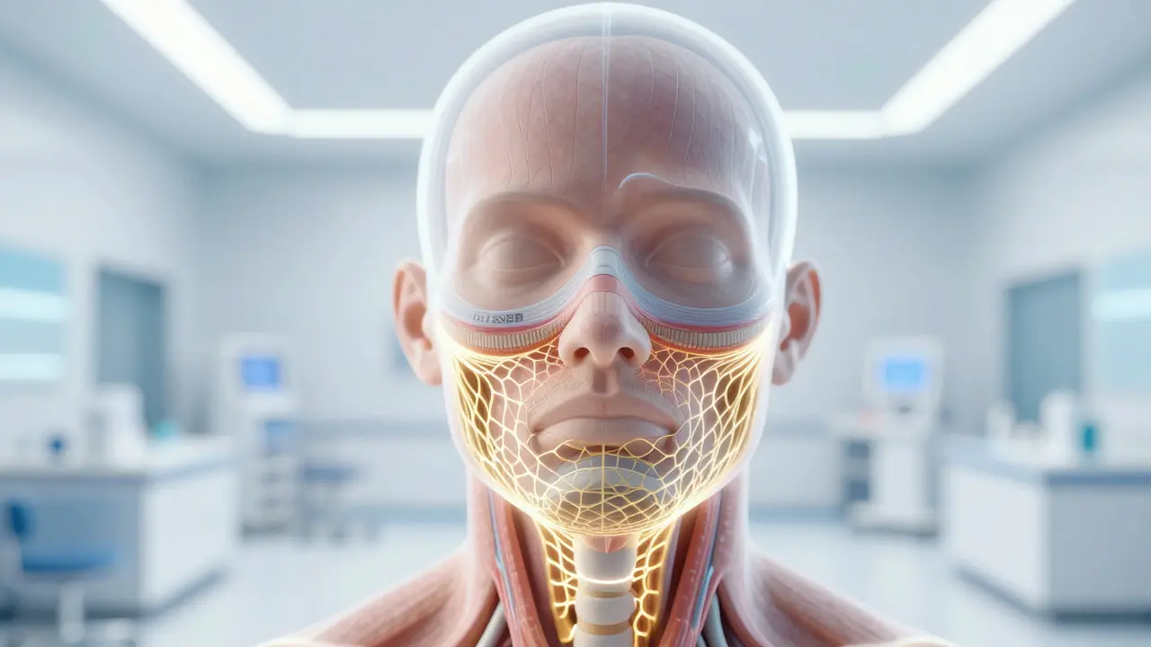 Koncepční 3D vizualizace anatomie obličeje s vyznačenou vrstvou SMAS.