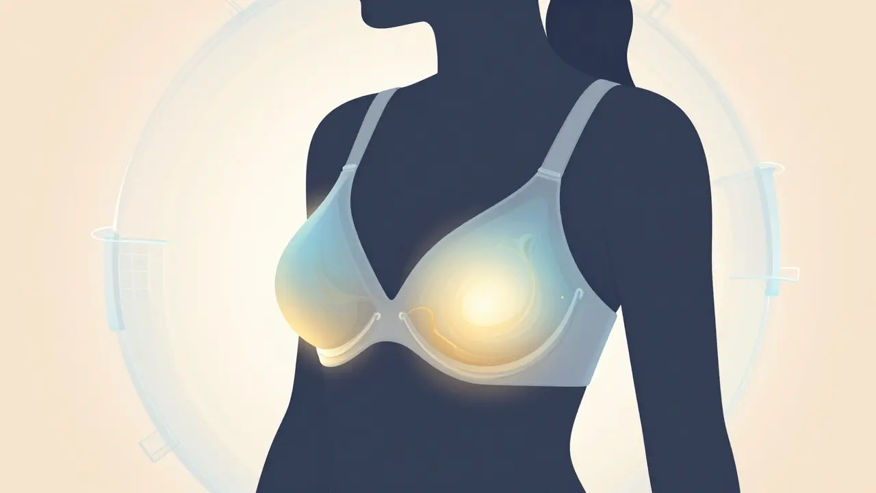 Konceptuální ilustrace hojení tkání a podpory prsou po operaci.
