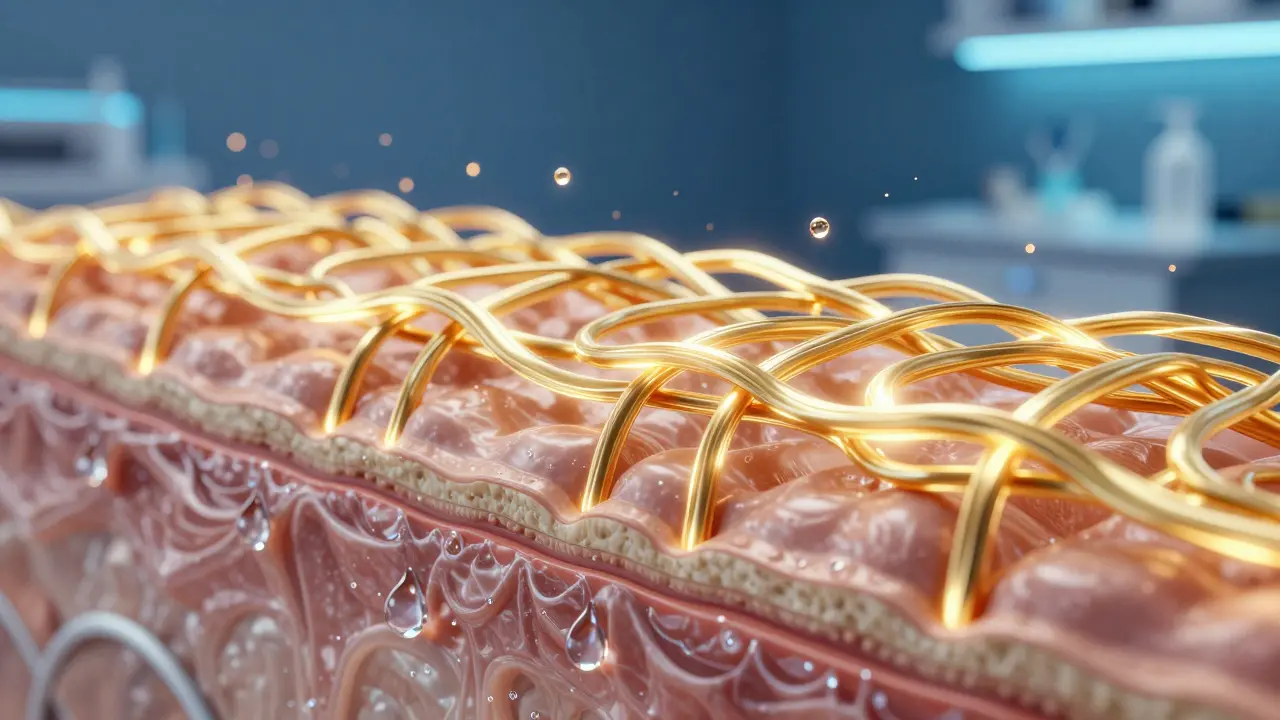 Konceptuální vizualizace regenerace kolagenu a hydratace pokožky.