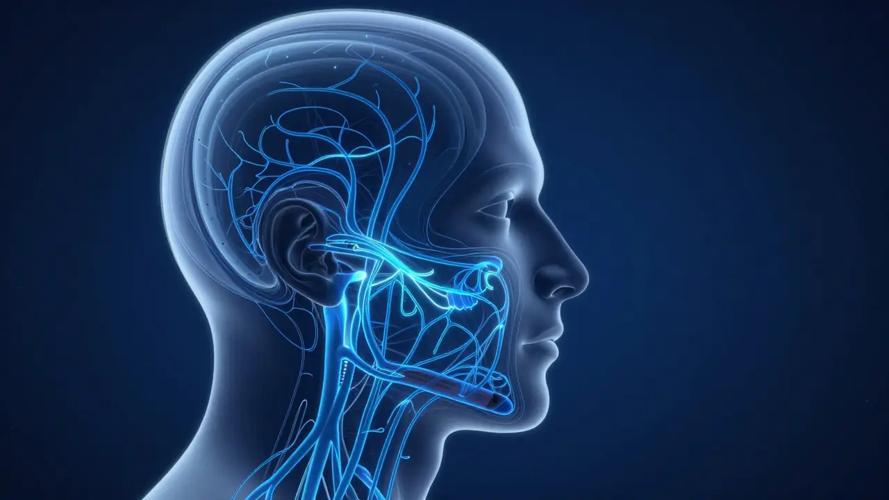 Konceptuální znázornení působení lymfatického systému při kompresi obličeje.