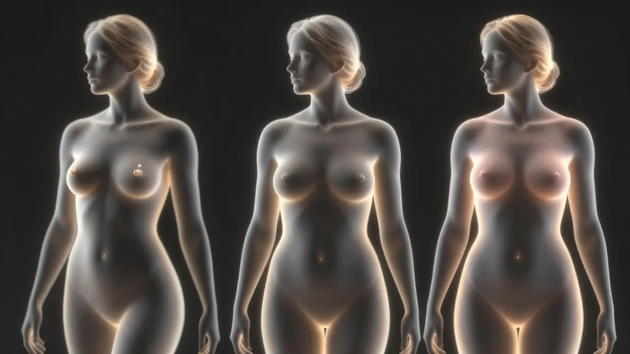 Konceptuální znázornění různých typů modelace prsů: zvednutí, zmenšení a zvětšení.