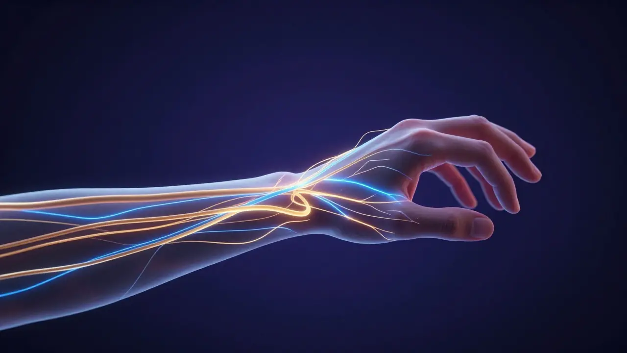 Konceptuální zobrazení regenerace nervů v ruce pomocí světelných vláken.