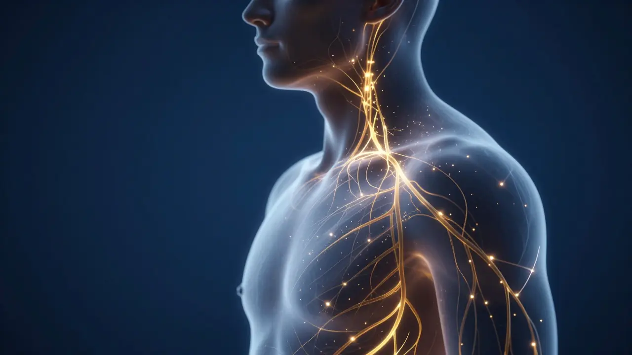 Konceptuální zobrazení regenerace nervů v těle s jemným žlutým svícením.
