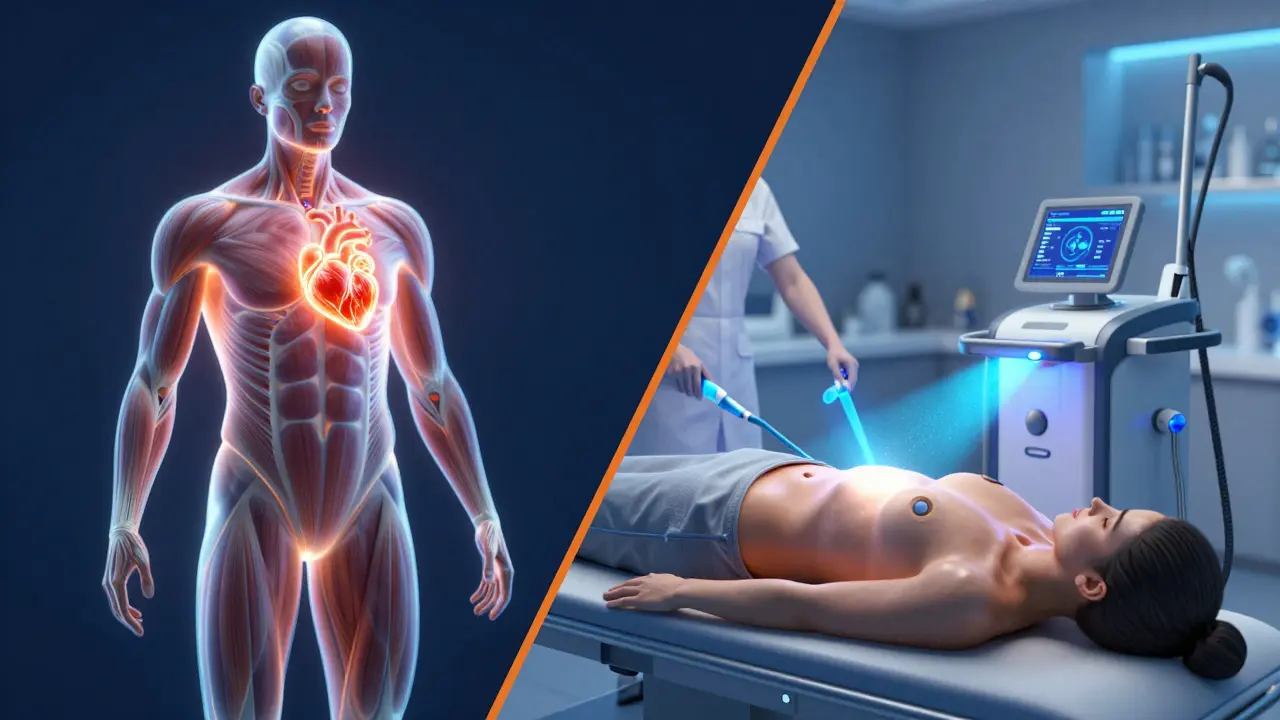 Konceptuální zobrazení svalového metabolismu a moderní technologie kryolipolýzy.