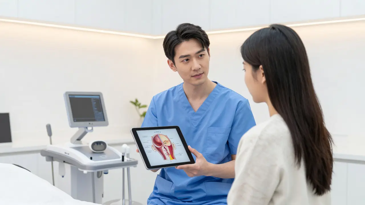 Konzultace u plastického chirurga s anatomickým schématem obličeje.