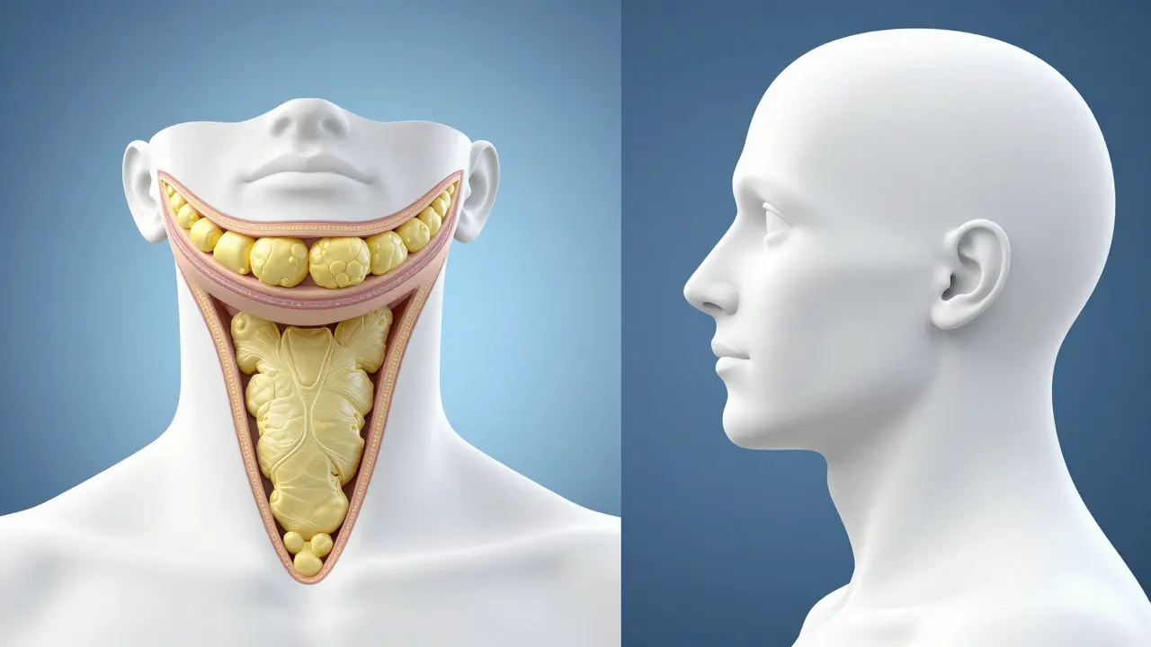 Kresla srovnání před a po odstranění tukových hýbdel v oblasti čelisti.