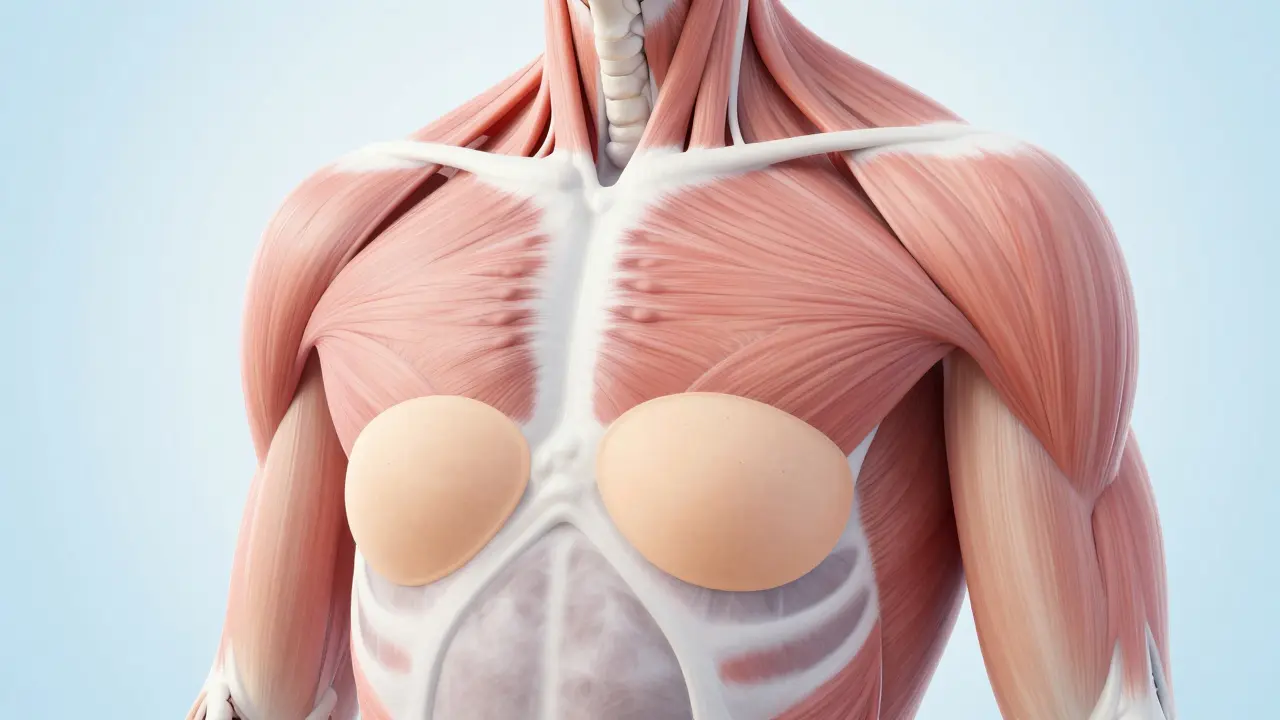 Medicínská ilustrace srovnávající umístění implantátu nad svalem a pod svalem.