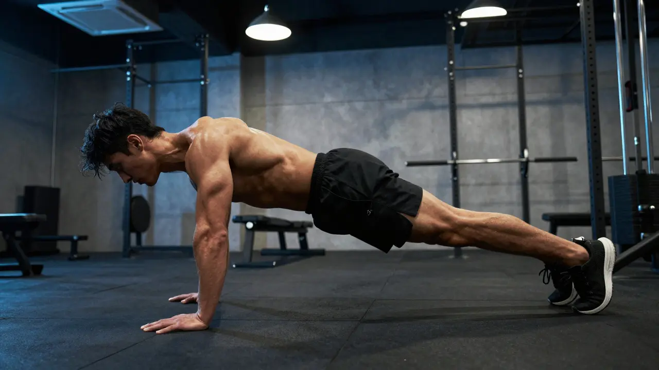 Osoba provádí cvik plank v posilovně pro zpevnění středu těla.