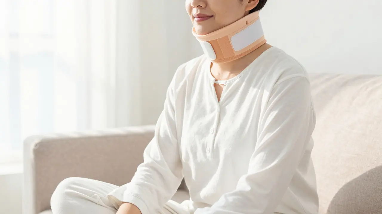 Osoba s kompresním pásmem kolem krku během procesu hojení po zákroku.