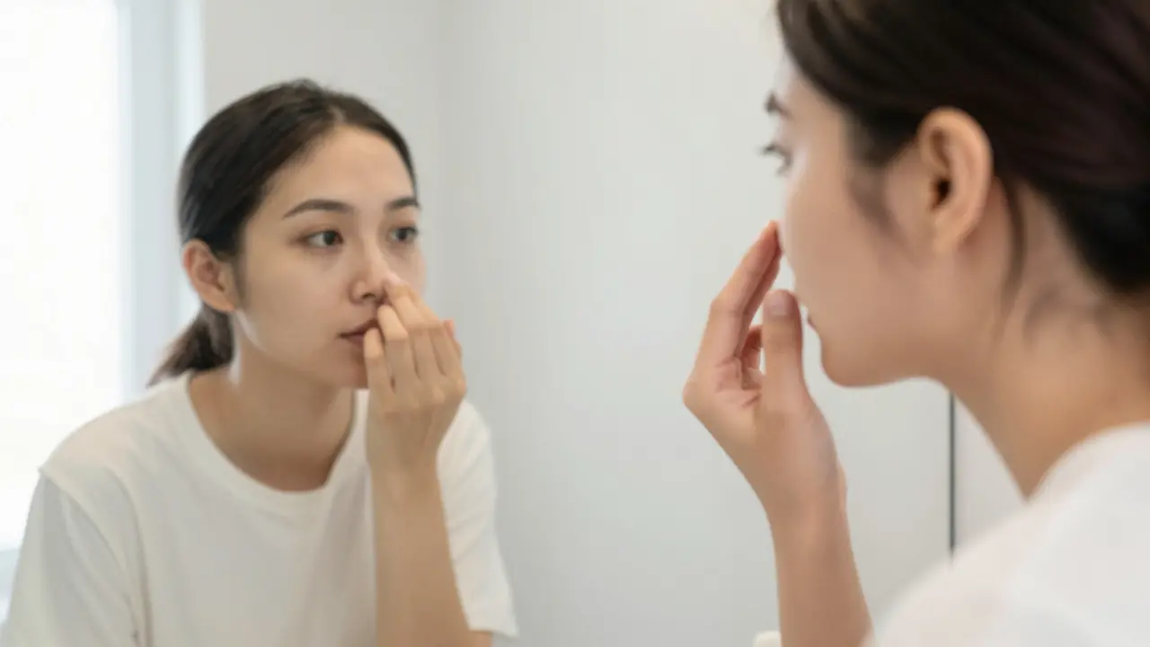 Osoba se dívá do zrcadla a obdivuje svůj nový, úzký a definovaný tvar nosu.