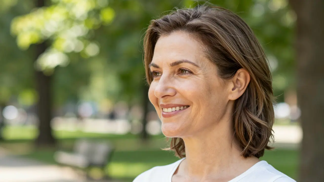 Portrét spokojené ženy s přirozeným a osvěženým vzhledem obličeje v parku.