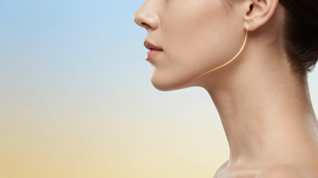 Profil osoby s definovanou linií čelisti a hladkou pokožkou krku.