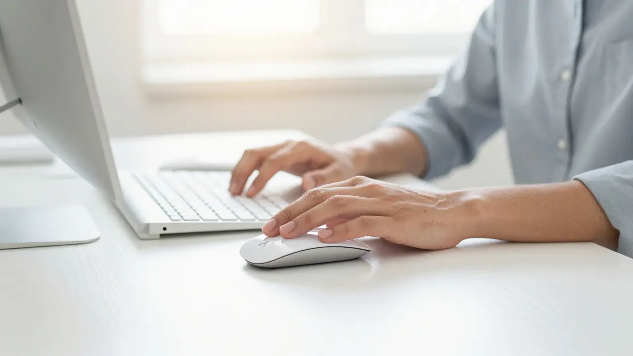 Ruka v procesu zotavení u ergonomického počítačového vybavení.