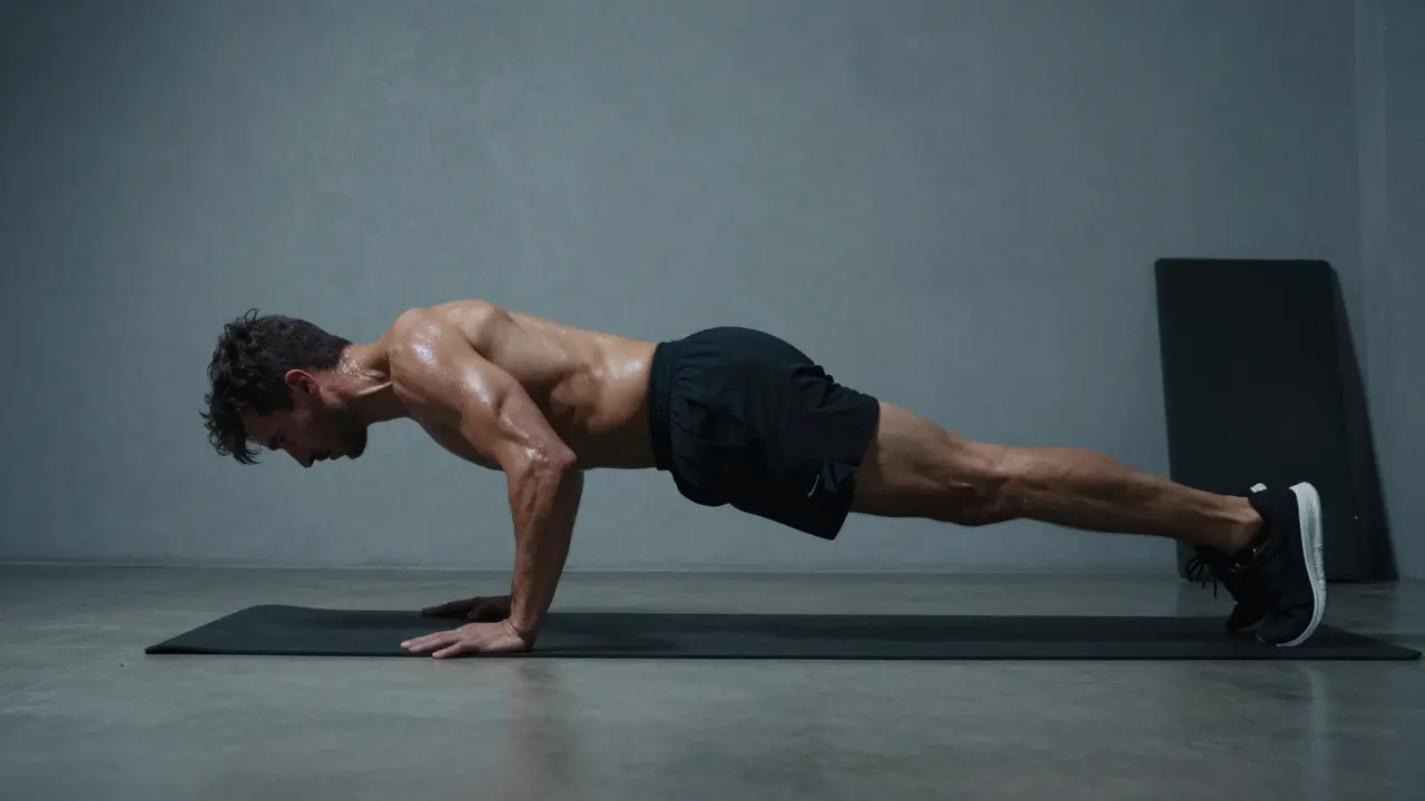 Sportovec provádí intenzivní cvik mountain climber na cvičné podložce.