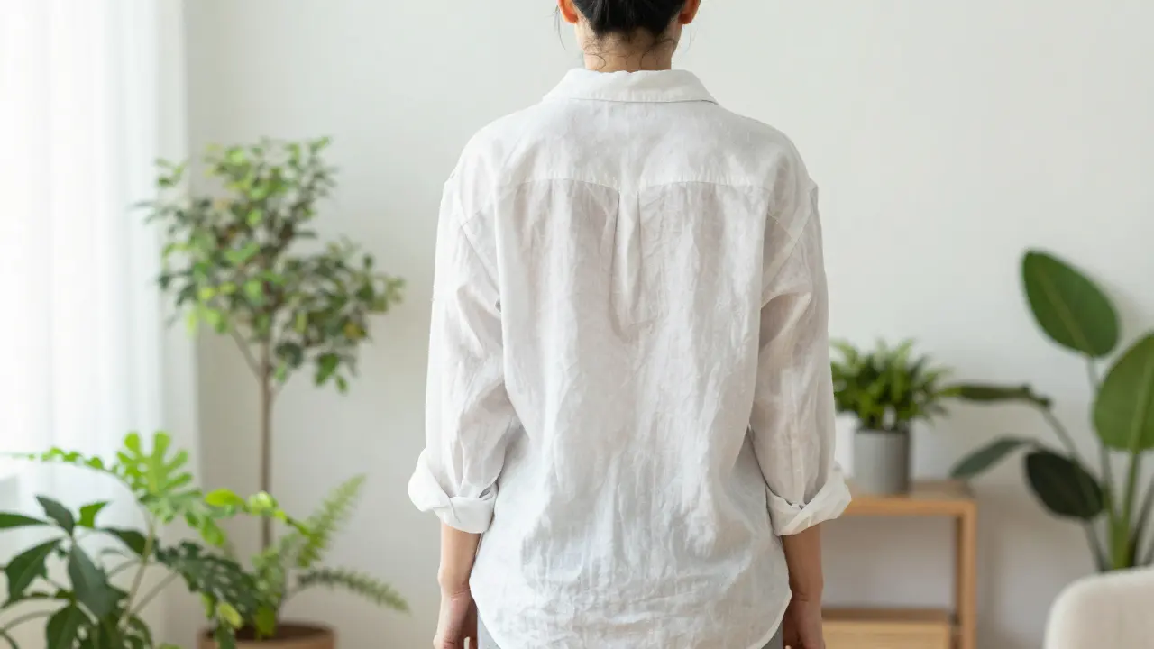 Žena v bílé košili v světlé místnosti s rostlinami symbolizující pocit úlevy a zdraví.