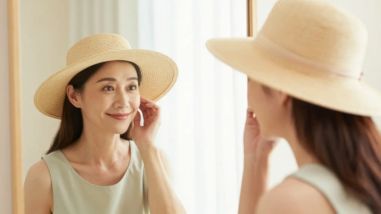 Žena v klobuku s přirozeně vypadatovým obličejem po rekonvalescenci.