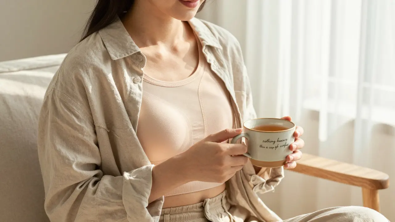 Žena v kompresním prádle během procesu zotravení po operaci doma.