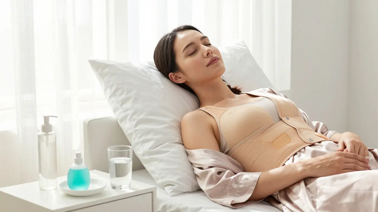 Žena v období rekonvalescence po operaci prsů v klidném domácím prostředí.