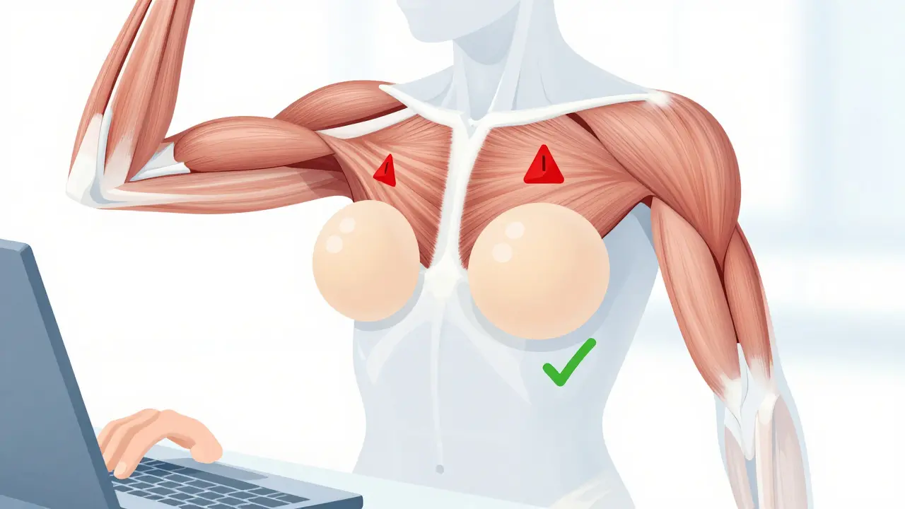 Anatomická ilustrace ukazující omezení pohybu paží po augmentaci prsou.