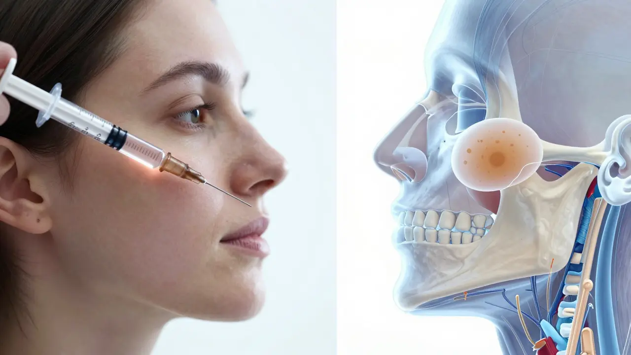 Konceptuální ilustrace fillerů a chirurgických implantátů do tváří.