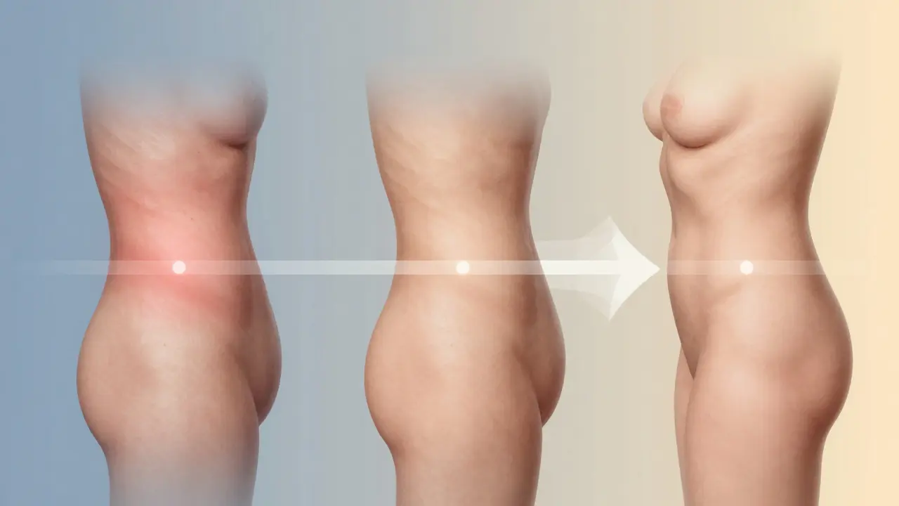 Konceptuální zobrazení fází hojení po liposukci od otoků po výsledek