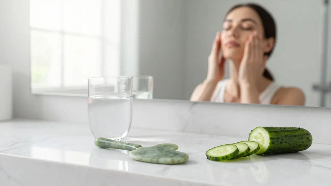 Nástroje na péči o obličej včetně gua sha kamene a vody.
