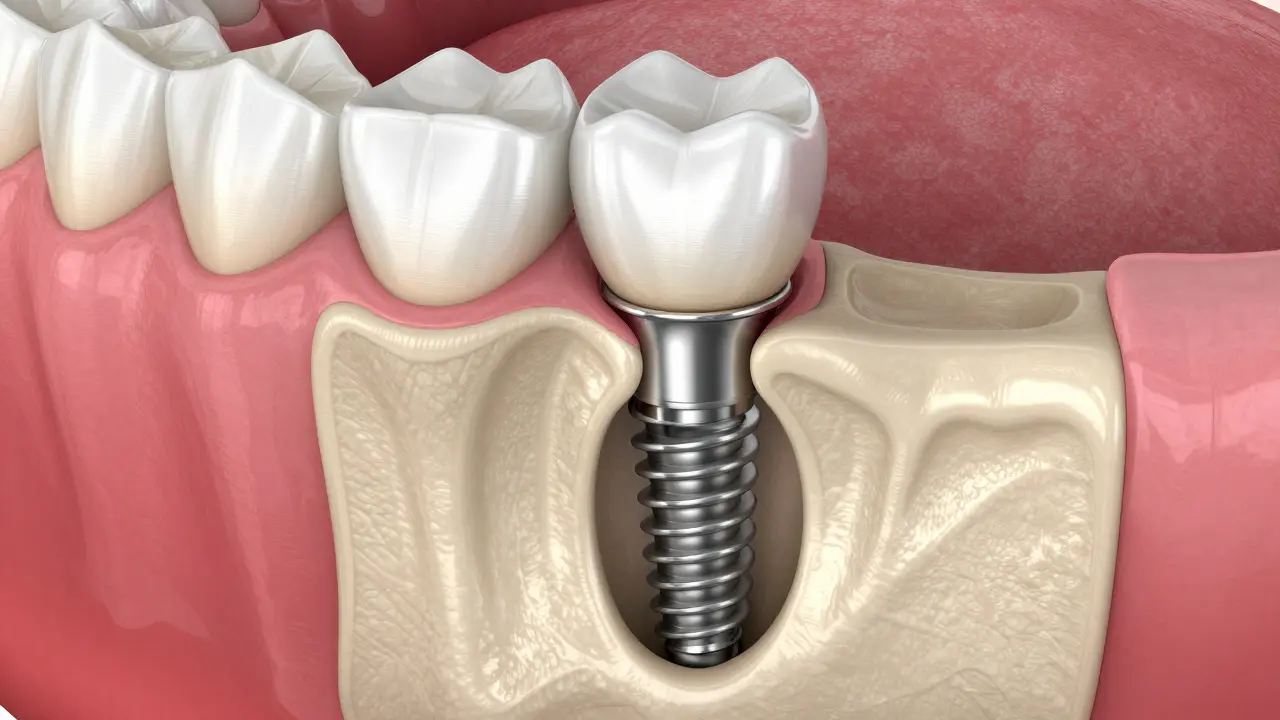 Schéma ukazuje integraci implantátu do kosti a nasazení korunky