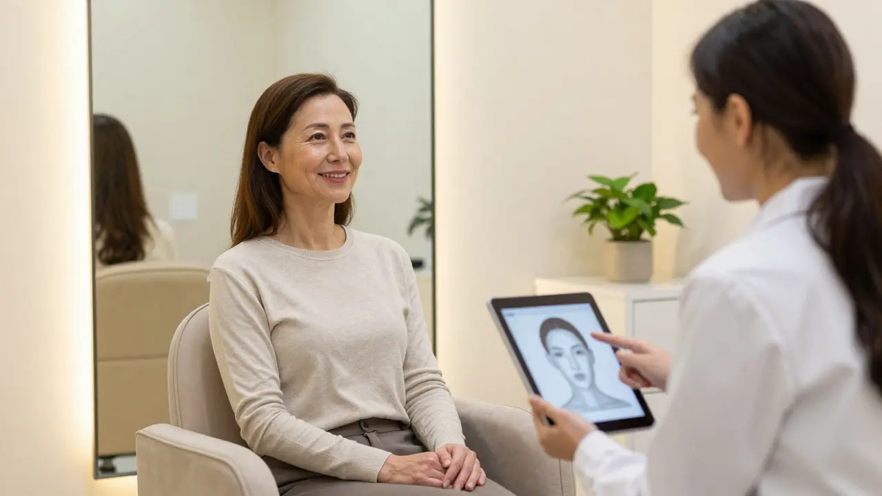 Spokojená žena v moderní ordinaci estetické medicíny při konzultaci omlazení.