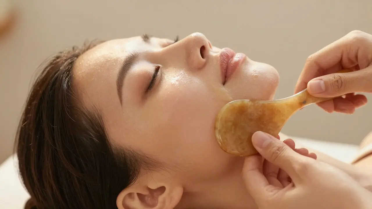 Žena používá nástroj gua sha pro masáž obličeje