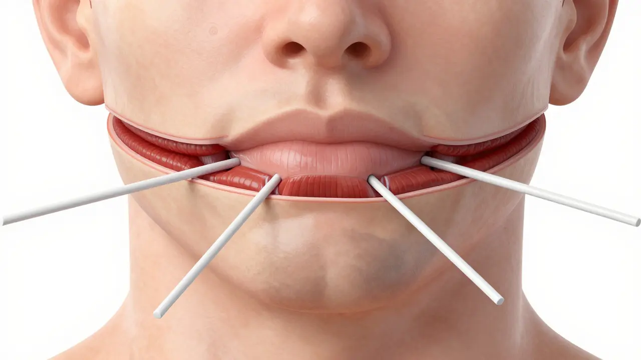 3D ilustrace napínání tkáně SMAS při mini faceliftu
