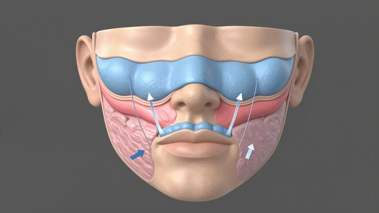Anatomická ilustrace vrstev obličeje při operaci faceliftu