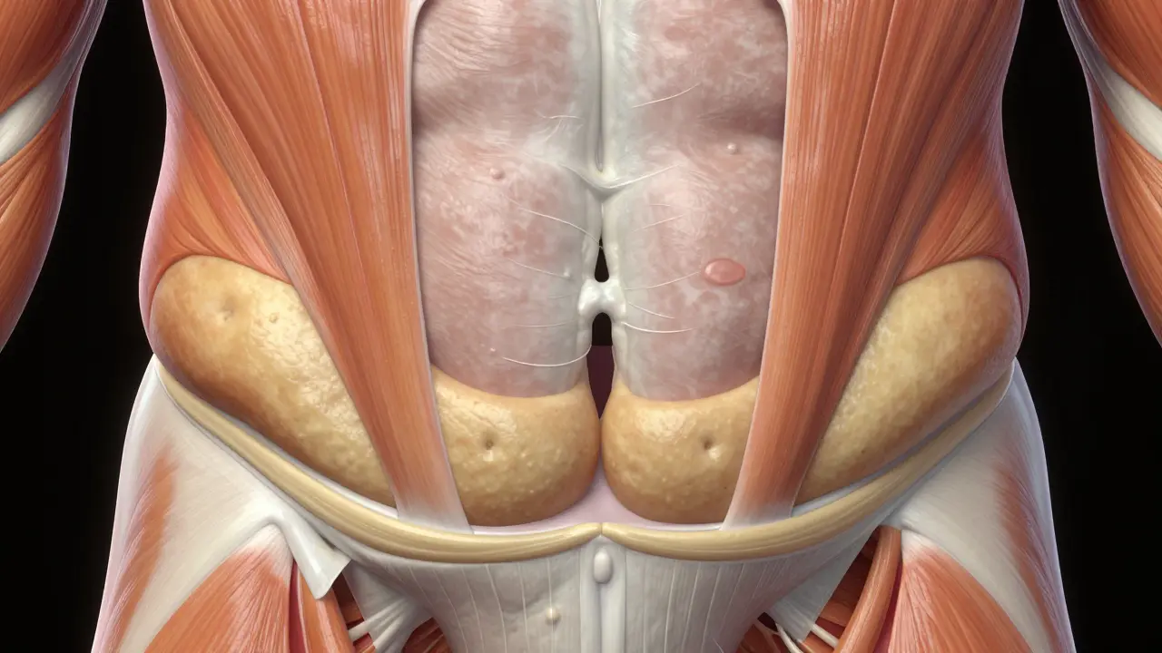 Anatomický pohled na rozestoupilé břišní svaly