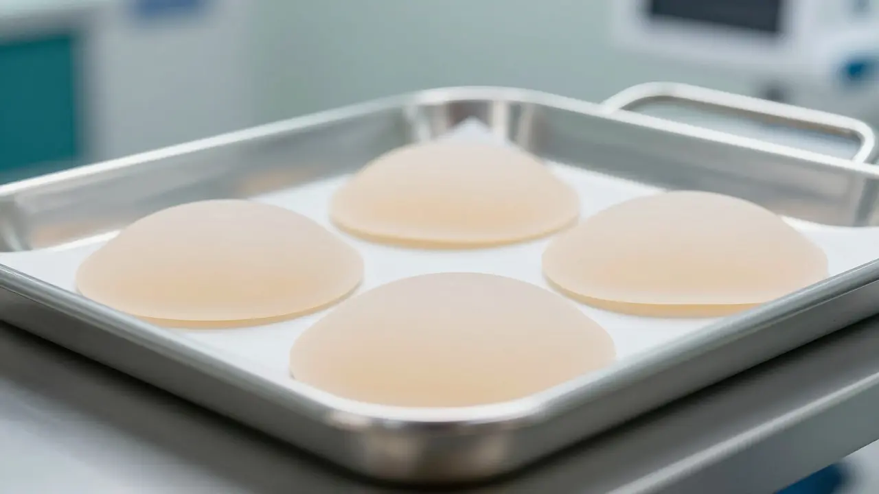 Close-up of silicone breast implants on a sterile surgical tray in a brightly lit operating room, highlighting their smooth texture and medical precision.