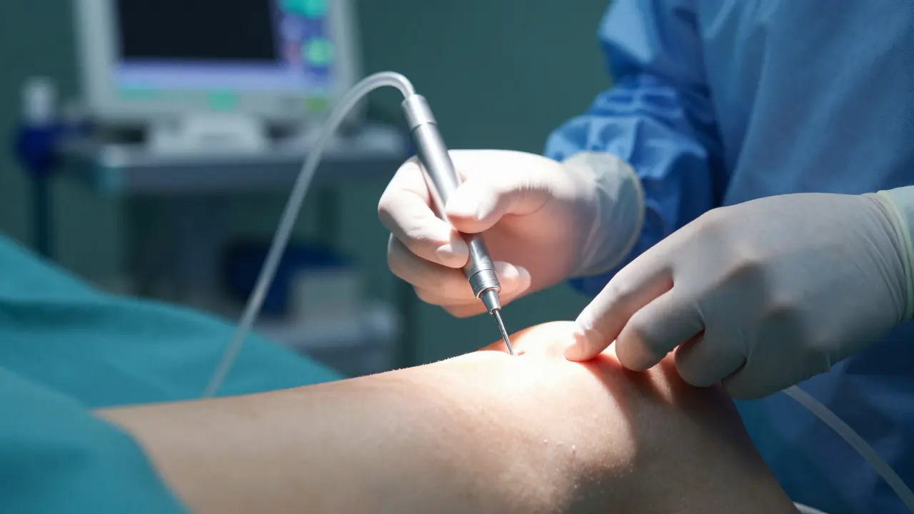 Detailní záběr na chirurgický zákrok liposukce