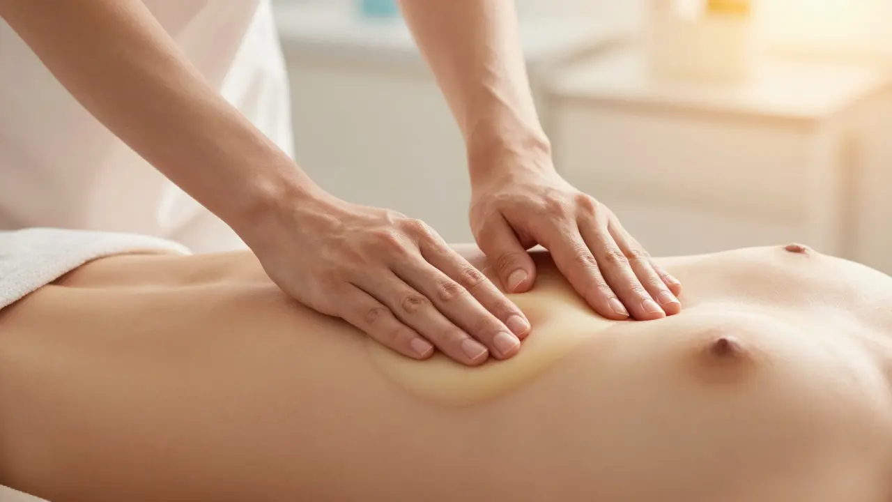 Ruce provádějící masáž pro prevenci zjizvení