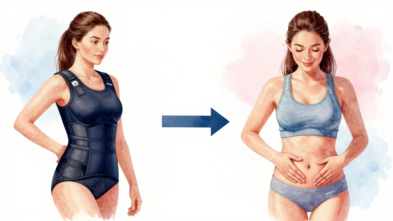 Žena po abdominoplastice ukazuje hladké břicho a sebejistý úsměv
