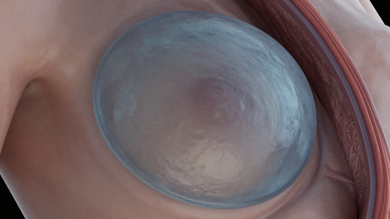 Ztluštělá kapsule stahující implantát při kontrakci